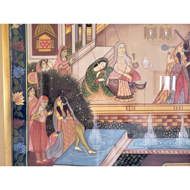 Textile 1940s Mid-Century (WWII Era) Custom Hand-Painted Silk Depicting Royal Rajasthan Palace Celebration For Sale - Image 7 of 9