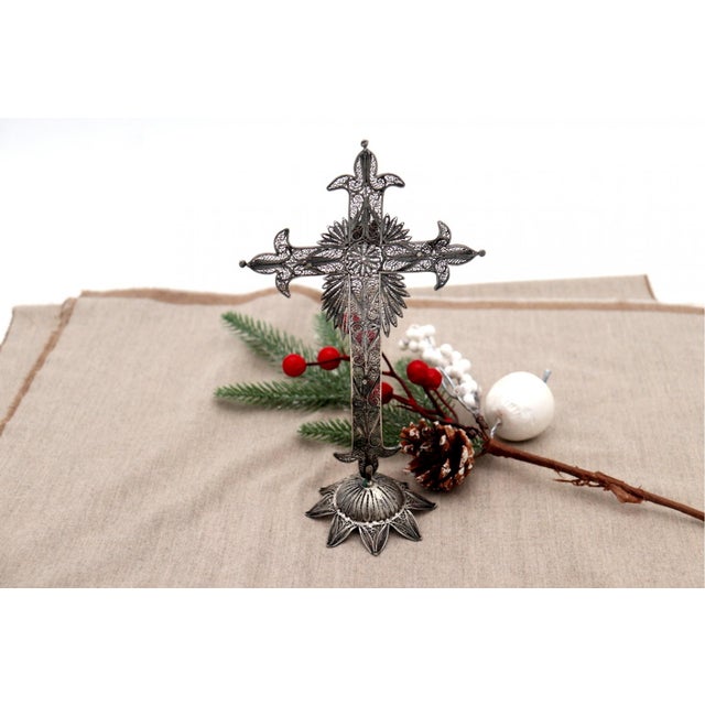 Filigree Silver Table Cross with Reliefs For Sale - Image 3 of 6