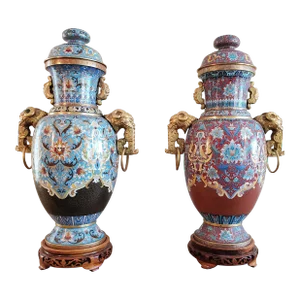 Pair of Large Antique Chinese Cloisonne Gilt Bronze Vases & Covers