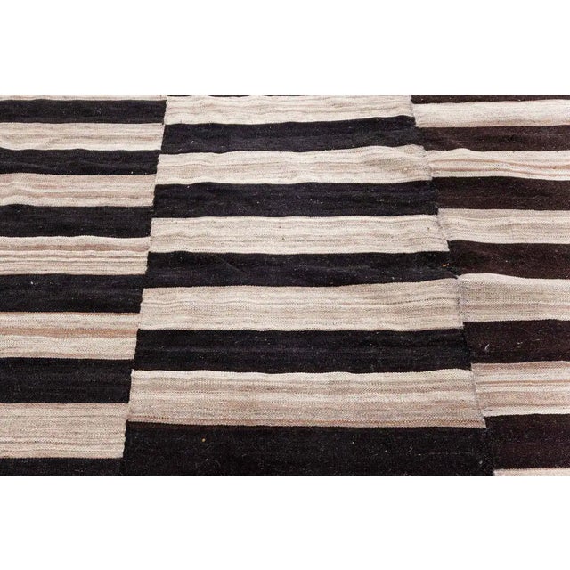 1950s Doris Leslie Blau Vintage Striped Ivory And Charcoal Hand-Knotted Wool Rug For Sale - Image 5 of 8
