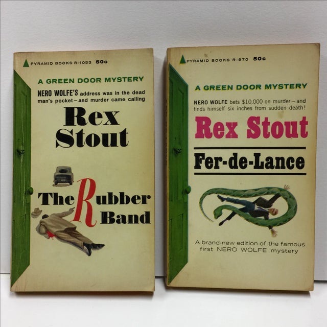 Fer-de-Lance and The Rubber Band, both by Rex Stout and both published in 1964 by Pyramid Books, Green Door Mysteries....