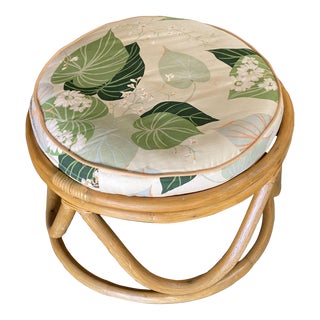 1950s Restored Round Open Base Ottoman Stool With Bark Cloth Covering For Sale
