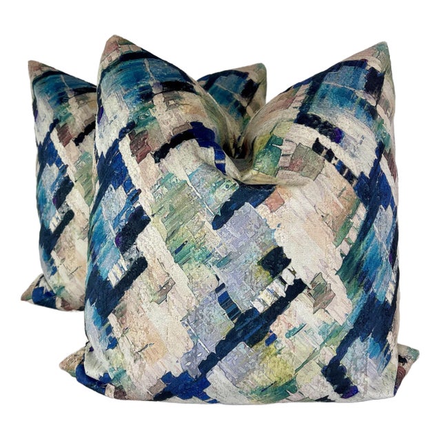 Stained Glass Cut Velvet in Sapphire 22" Pillows-A Pair For Sale