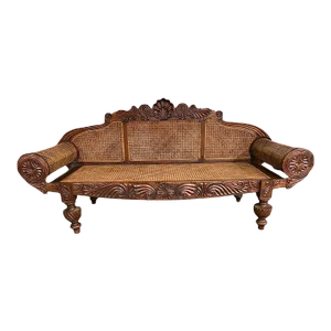 19th Century Antique Anglo Indian Carved Mahogany Cane Seat and Back Settee