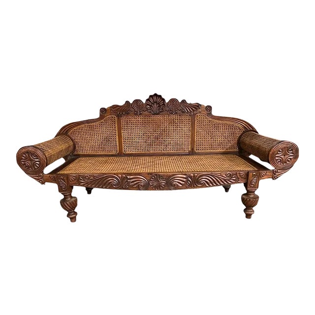 Antique British Anglo Indian Carved Mahogany Cane Seat and Back Settee For Sale