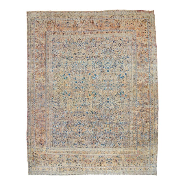 1920s Antique Allover Design Floral Rug Peach Blue Wool Hand-Knotted Rug - 11’6” X 14’7” For Sale