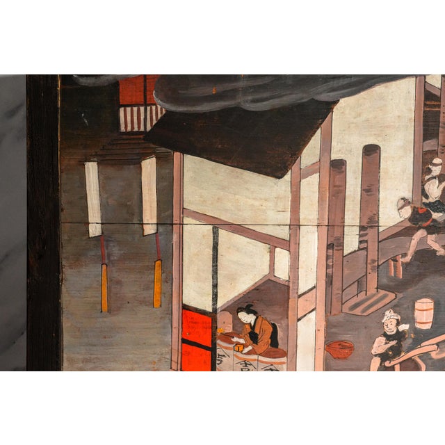 Incredible Antique Japanese Hand Painted Tsuitate Wood Table Screen Traditional Sake Brewery Scene Japan Asian Home Decor For Sale - Image 11 of 16