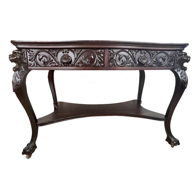 Antique C 1900 RJ Horner style solid Mahogany Dragon partners Desk. Ornately hand carved desk with dragon motif. The table...