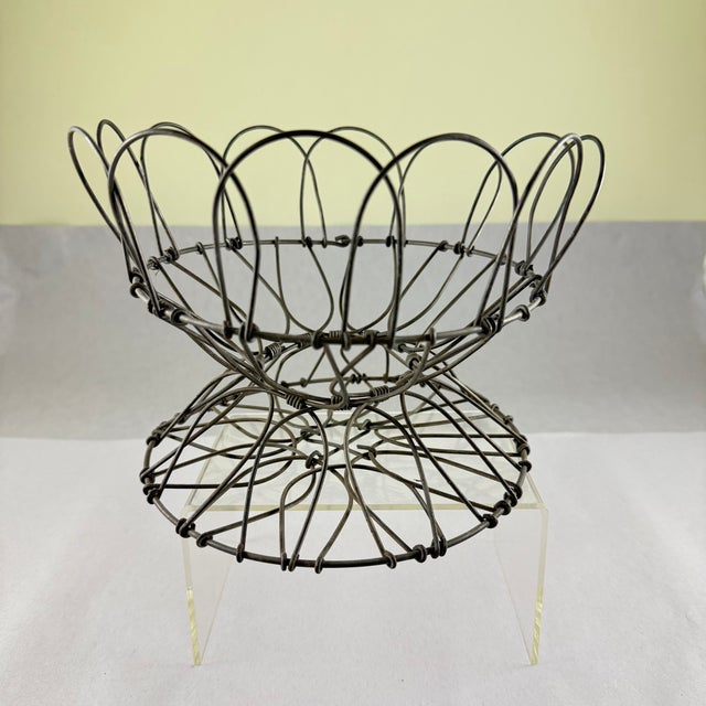 French Antique French Handmade Folding Top Wire Kitchen Egg Basket For Sale - Image 3 of 13