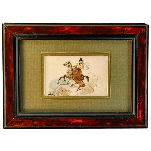 French Antique Hand-Colored Equestrian Miniature Color Etchings in Faux Tortoiseshell Frames - Set of 5 For Sale - Image 4 of 18