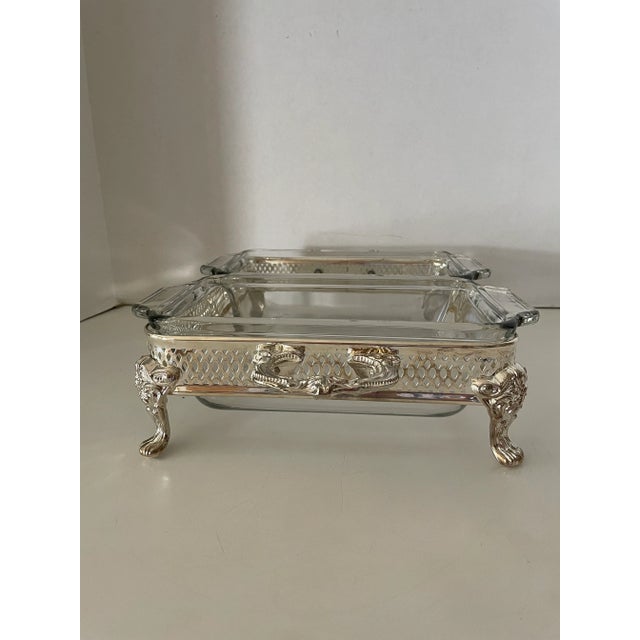 Vintage Anchor Hocking Ovenware dual loaf pans W/ silverplate four-legged holder/ carrier. These awesome loaf pans are...