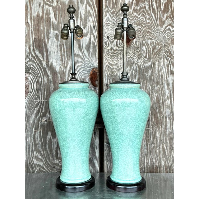 Vintage Regency Crackle Glaze Lamps - a Pair For Sale - Image 4 of 5