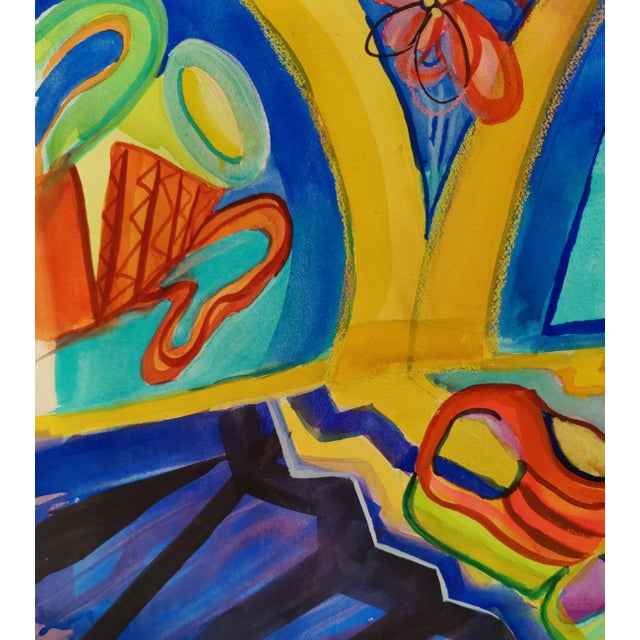 Abstract Vintage Whimsical Colorful Abstract Floral Geometric Original Watercolor Signed Vicki Silva For Sale - Image 3 of 11