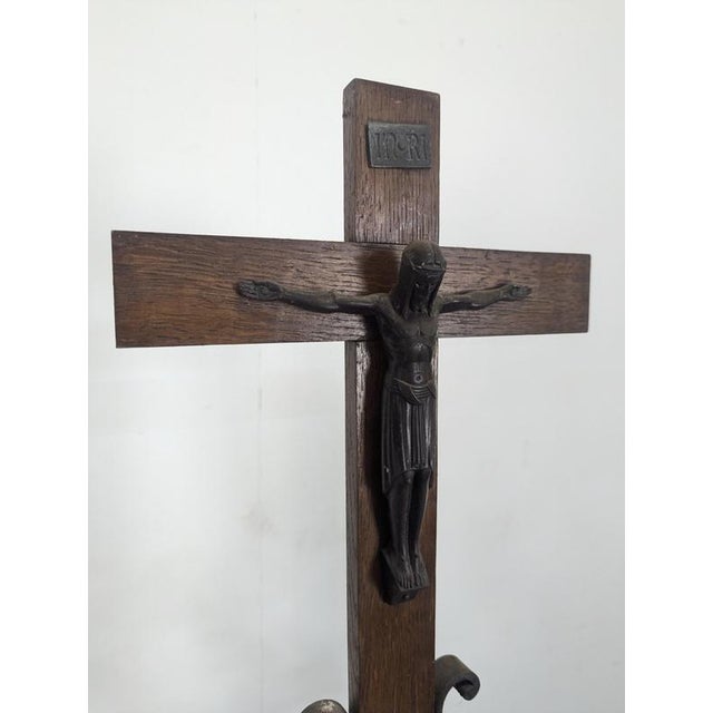 Large Wrought Iron Church Candelabra with Carved Wooden Crucifix For Sale - Image 6 of 10
