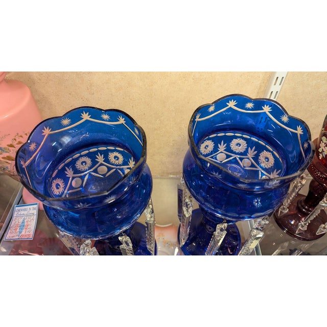 Victorian Cobalt Flashed Crystal Lusters- a Pair For Sale - Image 3 of 8