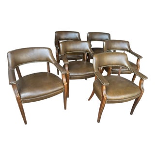 1960s Vintage Paoli Chair Company Oak and New Faux Leather Club Chairs With Brass Nailhead Trim - Set of 6 For Sale