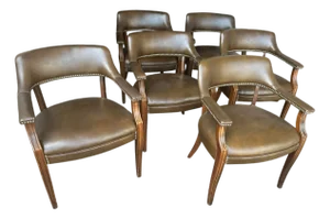 1960s Vintage Paoli Chair Company Oak and New Faux Leather Club Chairs With Brass Nailhead Trim - Set of 6