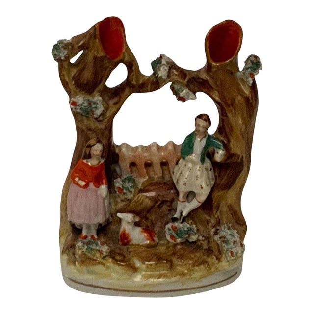 Antique Victorian Staffordshire Double Tree Trunk Spill Vase Courting Couple & Sheep C. 1860 For Sale