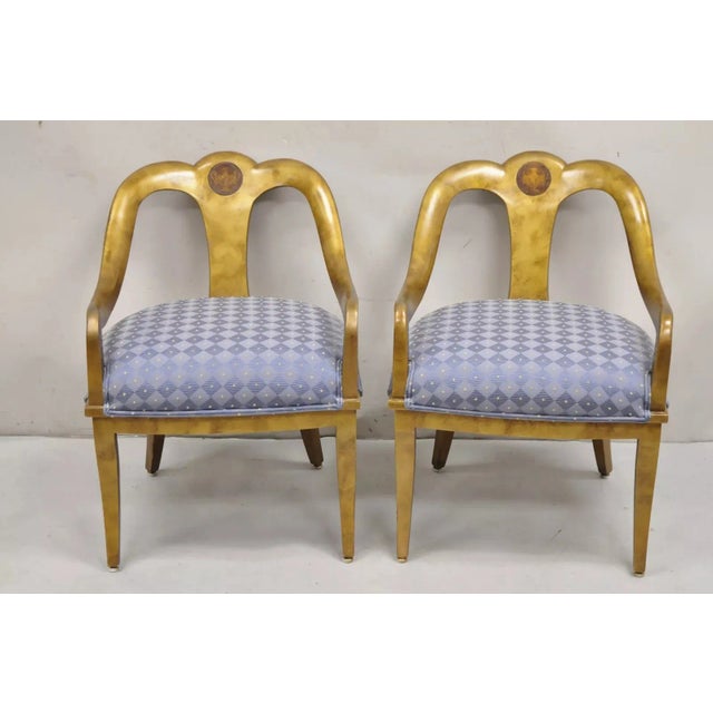 Vintage Italian Hollywood Regency Gold Gilt Wood Saber Leg Lounge Chairs with Urn Inlay and Distressed Gold Leaf Finish -...