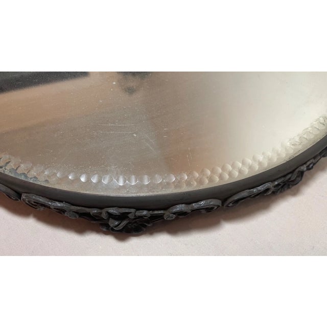 19th Century Antique Round Silverplate Plateau Beveled Vanity Jewelry Table Top Mirror Tray For Sale - Image 5 of 9
