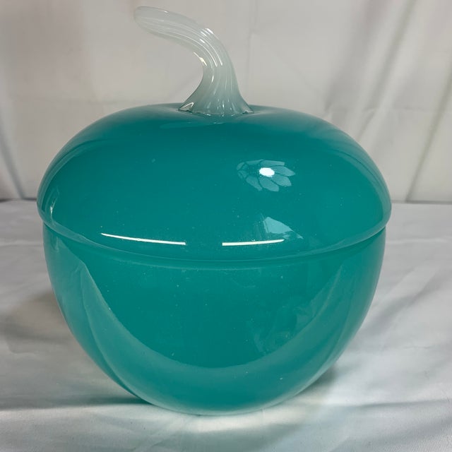 Offered here is a large blown glass apple-shaped lidded container featuring a beautiful and always in fashion opaline...