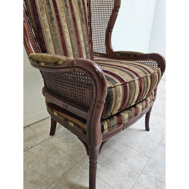 1980s Vintage Ethan Allen Faux Bamboo Cane Living Room Lounge Chair Italian Regency For Sale - Image 5 of 11