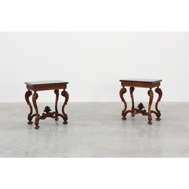 Napoleon III Style Carved Walnut Side Tables with Bluestone Tops, 1890s, Set of 2 For Sale - Image 12 of 12