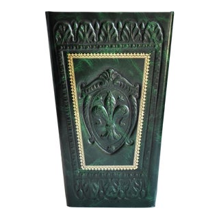 Vintage Italian Tooled Leather Fleur De Lys Waste Paper Basket For Sale