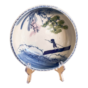 Antique Blue & White Hand-Painted Porcelain Bowl With Fisherman Scene