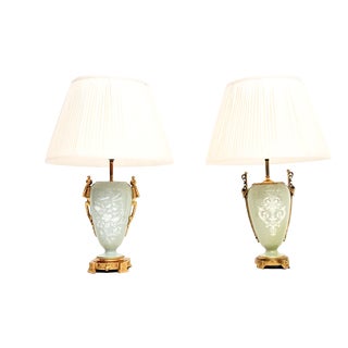 Antique French Ceramic Gilt Metal Table Lamps, 1900, Set of 2 For Sale