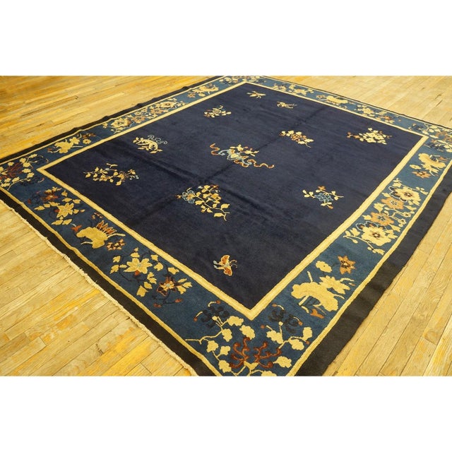 Textile 1920s Floral Chinese Square Peking Antique Navy Blue Allover Knotted Wool Rug For Sale - Image 7 of 10