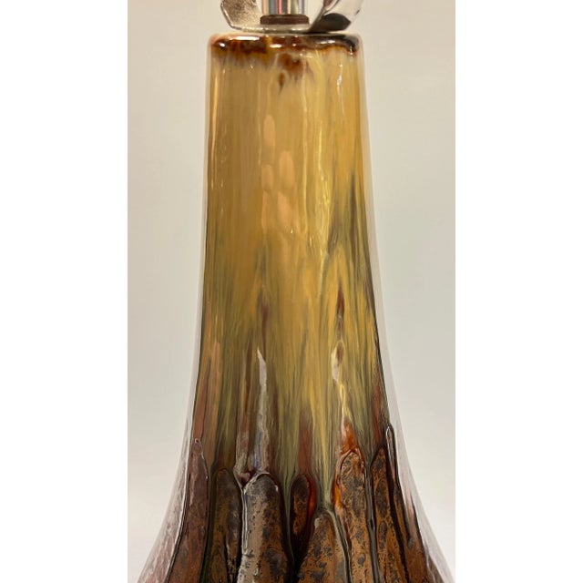 1970s Mid-Century Modern Amber and Brown Glazed Ceramic Table Lamps - A Pair For Sale - Image 5 of 12