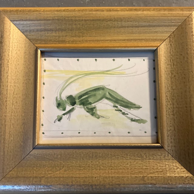 Illustration 1970’s 2 Small Grasshopper Watercolor Paintings Gilt Wood Frames -a Pair For Sale - Image 3 of 4