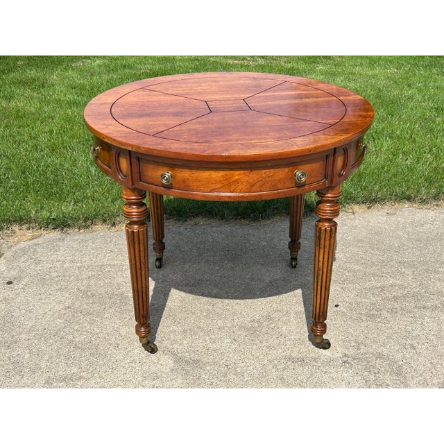 Vintage Henredon Federal-Style Round Center Table | Traditional Neoclassical Occasional Table With Drawer & Brass Casters For Sale - Image 6 of 11