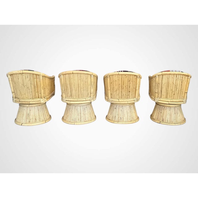 Rare Set of 4 McGuire Bamboo Rocking Swivel Lounge Chairs in Knoll “Stripe It” With Matching Table, Circa 1980s For Sale - Image 10 of 13