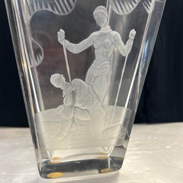 Art Deco Orrefors Lindtrand Etched Crystal Vase Signed For Sale - Image 3 of 7