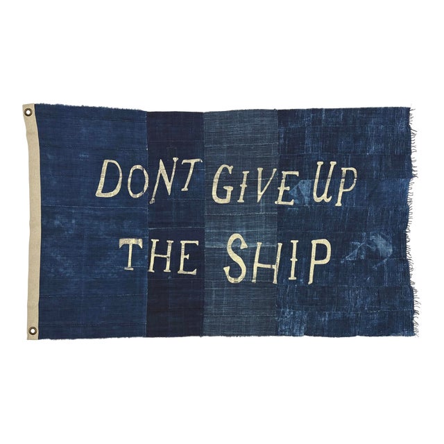 Large Patchwork Indigo Flag, Don't Give Up the Ship, Unique For Sale
