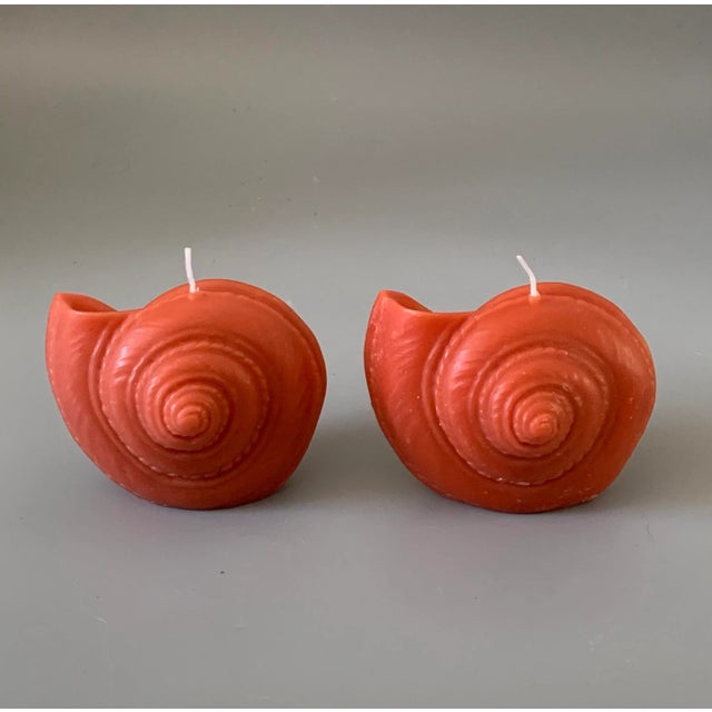 Vintage pair of Tiger Nautilus Shell-Shaped Candles by Point à La Ligne. Uncented wax candles, used as display and never...