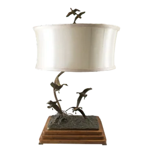 Mid-Century Rustic Farmhouse Bronze Table Lamp of Geese in Flight by John Hansen