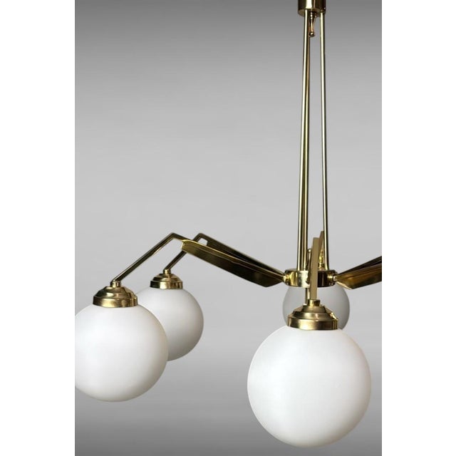Brass Mid 20th Century Stilnovo Style Italian Brass Six-Light Chandelier With Opaline Glass Globes For Sale - Image 8 of 18