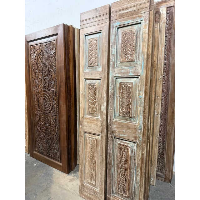 Antique Blue Floral Carved Pantry Doors – Rustic Hand-Carved Double Doors, Hinged or Sliding 80 For Sale In Orlando - Image 6 of 6