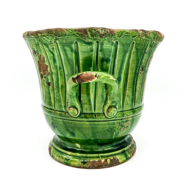 Mediterranean Vintage Vietri Italian Verde Glazed Terracotta Planter With Handles – Mediterranean / Tuscan For Sale - Image 3 of 11
