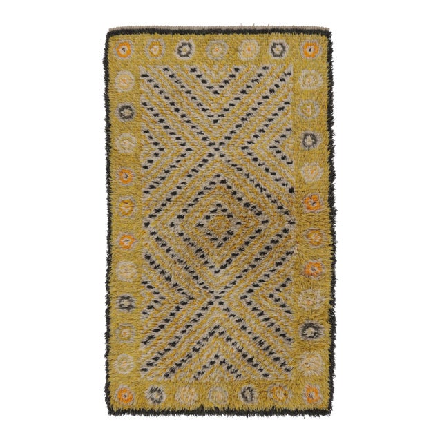 Vintage Swedish Rya Rug With Yellow and Black Geometric Pattern - Rug & Kilim For Sale