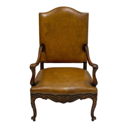 French Louis XIV Style Carved Fruitwood and Leather Bergere Arm