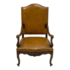 French Louis XIV Style Carved Fruitwood and Leather Bergere / Arm Chair
