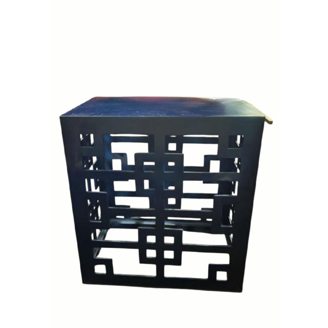 1980s Custom Made Painted Deep Navy Blue Chippendale Fretwork Narrow Elongated Side Table Gold Handles For Sale - Image 5 of 9