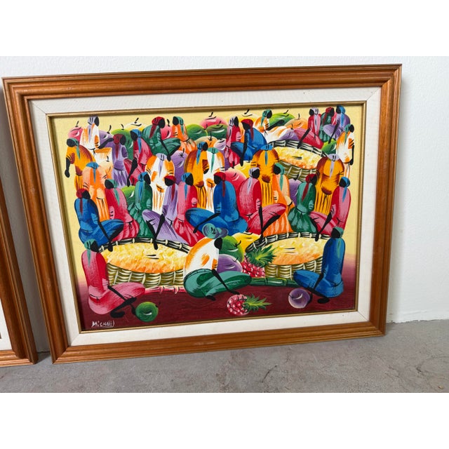Folk Art Vintage Haitian Folk Art Market Scene Oil on Canvas Painting by Michael, Wood Framed For Sale - Image 3 of 12