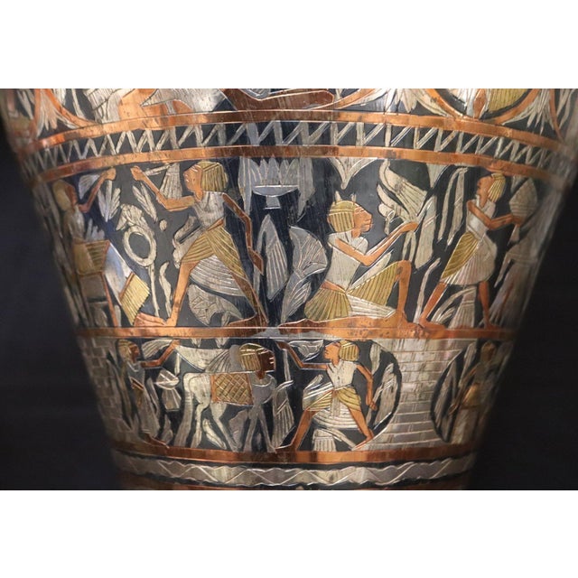 Copper 1960s Egyptian Cairo Ware Mixed Metal Pharaonic Revival Vase For Sale - Image 8 of 12