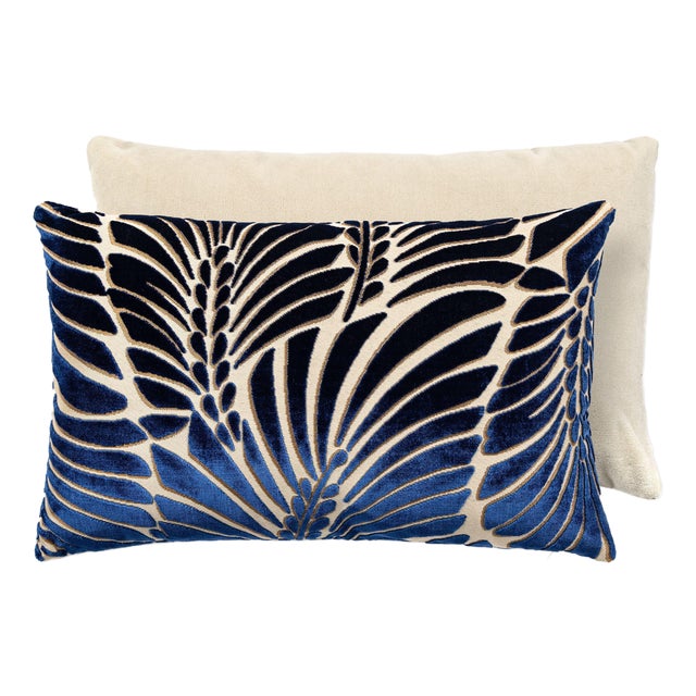 The House of Scalamandré Plumes / Velvet Lumbar Pillow, Sapphire/beige, 22 X 14 For Sale