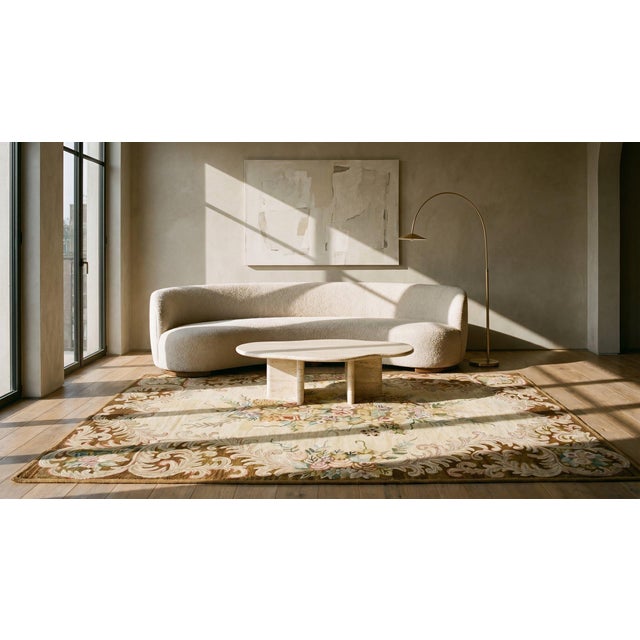 1930s Tan Camel Floral Folk Art Antique American Hooked Rug 6' X 9' Knotted Wool Carpet For Sale - Image 9 of 9